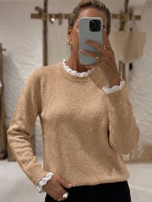 Sprig & Strand 春夏休閒舒適優雅女款針織套頭毛衣，純色長袖小圓領蕾絲拼接，上班通勤穿搭 - 卡其色 - 查看 4