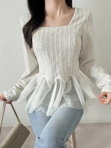 FRIFUL Blus Elegan Lengan Panjang Leher Persegi dengan Detail Jala Kontras Warna Polos untuk Wanita di Musim Gugur - Krem - View 6