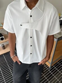 STEELVANCE 男士舒適斜紋布短袖襯衫，不對稱門襟設計，適合正式或休閒場合，休閒度假、用餐與聚會、簡約辦公、休閒居家穿著，百搭風格，適合自穿或送禮給朋友，熱銷舒適布料襯衫 - 白色 - 查看 2