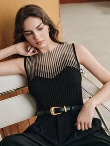 Anewsta French Spring/Summer Elegant Sophisticated Sexy Hollow Mesh Fitted Knit Sleeveless Tank Top T-Shirt - Black - View 3