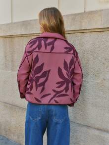 Nöista Quilted Jacket In Pink Colors With Leaves Print And Snap Buttons For Closure, Oversize Look. Fall, Winter, Casual, Outerwear.  - Pink - View 4