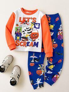 LOONEY TUNES X SHEIN 大童男孩卡通圖案長袖上衣與長褲休閒日常居家睡衣套裝 - 橘色 - 查看 1