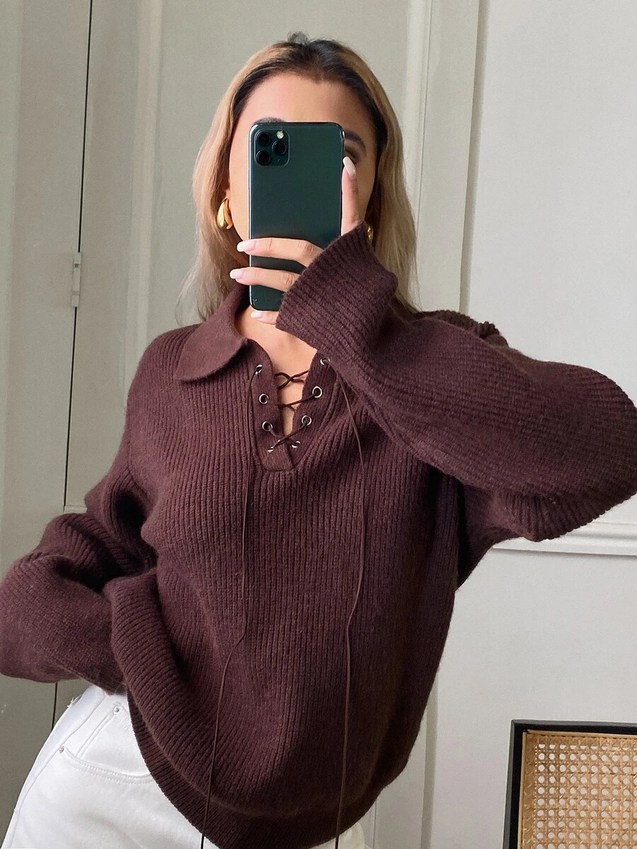 Livesso Women's Fall Dark Brown Round Neck Long Sleeve Cable Knit Slim Fit Ribbed Casual Retro Vintage 70s 80s Retro Sweater Brunch - Coffee Brown - View 1