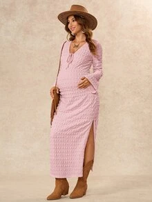 Boho Mama Maternity Solid Color Front Tie V-Neck Bell Sleeve Casual Dress Fall - Baby Pink - View 8