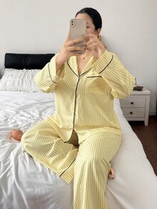 Napfluff CURVE Napfluff CURVE Minimalist Slouchy Yellow Striped Pajama Set For Girls, Spring/Autumn New Long Sleeve Long Pants 2 Pieces Set, Premium Loungewear Plus Size - Yellow - View 6