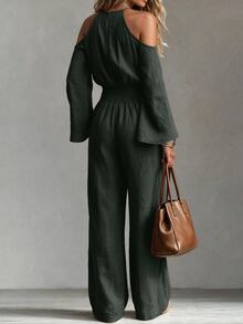 Omancia Women's Cold Shoulder Cinched Waist Daily Jumpsuit - Dark Green - View 2