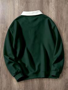 Manfinity Joysei Men's Colorblock Patchwork Polo Collar Letter Print Drop Shoulder Loose Fit Casual Long Sleeve Sweatshirt - Dark Green - View 2