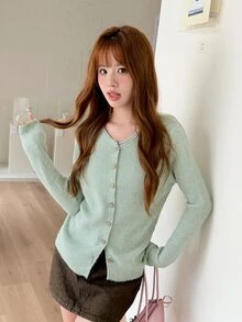 K-Vae Women's Daily Fashion Solid Color Minimalist Button Front Cardigan Sweater - Green - View 4