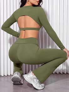 Slayform Slayform Women's Solid Color Long Sleeve Backless Top And Leggings Sports Set, Suitable For Running, Yoga - Army Green - View 6