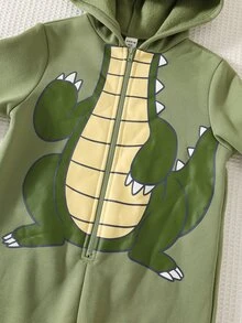 SHEIN Young Boy Casual Comfortable Cute Style Cartoon Dinosaur Design Loose Knit Soft Hooded Long Sleeve Zip-Up Jumpsuit All-Match Versatile Suitable For Home And Outings - Green - View 6