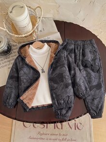 SHEIN 兒童 1件 小男孩冬季卡通印花保暖內裡連帽外套背心 度假可愛街頭 Y2K 生日派對 開學季 萬聖節 超值上衣 - 彩色 - 查看 3