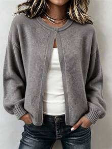 SHEIN Women's Autumn/Winter Casual Minimalist Dropped Shoulder Flare Sleeve Cardigan - Grey - View 2