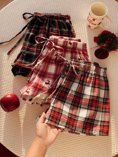 Comfortcana Conjunto de 3 Peças de Shorts com Cordão e Estampa Xadrez para Mulheres