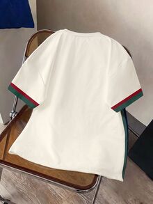 Teen Boy Casual Minimalist Short Sleeve Crew Neck T-Shirt, Suitable For Summer, Classic Striped Pattern Print, Delicate Small Logo Pattern Print - Multicolor - View 2