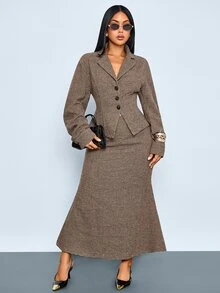 SOLERSUN Women's Elegant Turndown Collar Long Sleeve Button Waisted Retro Plaid Blazer,Back To School Old Money Style,Modest 90s In Fall/Winter,Commuter Jacket - Brown - View 5
