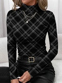 SHEIN Clasi Casual Minimalist Grey Plaid Print Pattern Plus Size Women's High Neck Base Layer T-Shirt, Halloween, Christmas - Multicolor - View 7