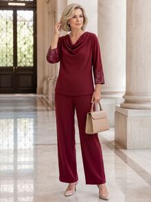 EMERY ROSE Conjunto de top y pantalones para mujer con cuello fruncido y decoración de lentejuelas en color burdeos - Burdeos - Ver 3