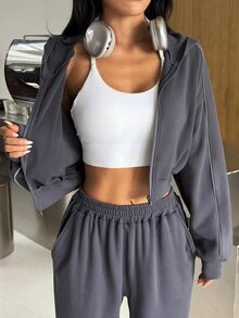 Muchica Women's Hooded Zip Up Reflective Stripe Wide Leg Sports Set Gym Set Workout Set 2 Piece Set Tracksuit Outfit Set Sportswear Activewear Fitness Fall - Dark Grey - View 4