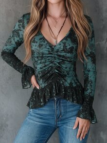 Solivie 女款花卉印花V領喇叭袖百褶休閒T恤 - 藏蓝色 - 查看 5