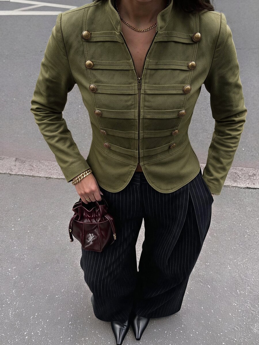 Lavishia 女款淺卡其色修身前拉鍊拿破崙/軍裝夾克,夏季穿搭,外出穿著,鄉村音樂演唱會服飾,夏季上衣 - 軍綠色 - 查看 1