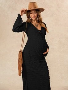 Boho Mama Gaun Hamil Polos Warna Polos dengan Ikatan Depan, Leher V, Lengan Lebar, dan Belahan Samping, Model Kasual untuk Musim Gugur - Hitam - View 4