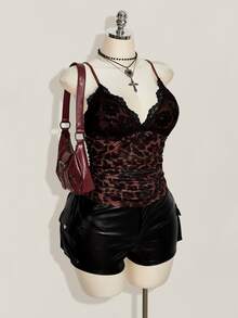 SHEIN ICON 女款大尺碼蕾絲拼接豹紋細肩帶背心上衣 - 摩卡棕 - 查看 8