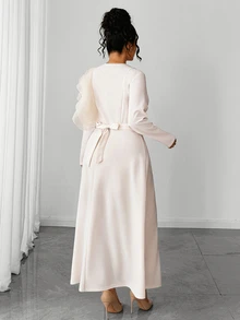 Elenzga Plus Size Knit Fabric Patchwork Satin V-Neck Long Sleeve Ruffle Shoulder Decor Cinched Waist A-Line Metal Accessory Decor Long Dress Elegant For Outing Date Party Gathering Daily Commute - Apricot - View 2