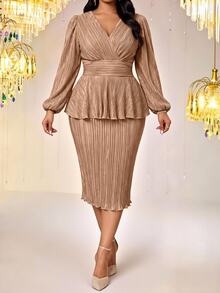Fleurora Plus Size Women's V-Neck Long Sleeve Top And Skirt Casual 2 Pieces Set - Gold - View 4