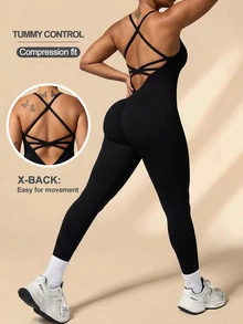 SHEIN Rhythm Era Women's Plus Size Seamless Camisole Back V-Cross Strap Running Fitness Yoga Studio Base Layer 9/10 Length Jumpsuit - Black - View 1