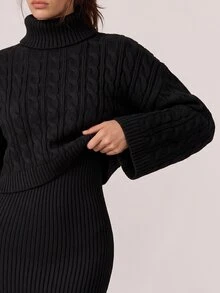 Freevana Women's High Neck Cape Sleeve Top & Solid Color Split Hem Skirt Sweater 2pcs Set - Black - View 6