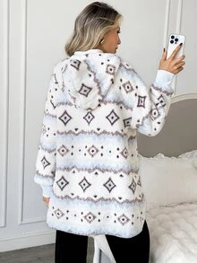 Easowa 女款全印花時尚休閒毛絨連帽外套 - 彩色 - 查看 4