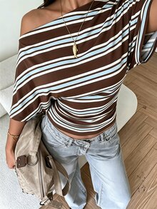 Aloruh Asymmetrical Shoulder Loose Top With Ruched Waist, Minimalist Preppy Striped Basic T-Shirt - Brown - View 1