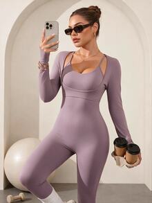 Easithlete Women's Purple 2 In 1 Long Sleeve Back Hollow Out Fashion Sports Jumpsuit - Purple - View 3