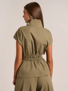 SHEIN BAE Jaket Trench Coat Wanita Warna Polos Serbaguna Kasual dengan Resleting Depan Terbuka dan Pinggang Elastis Tanpa Lengan - Hijau Tentara - View 2