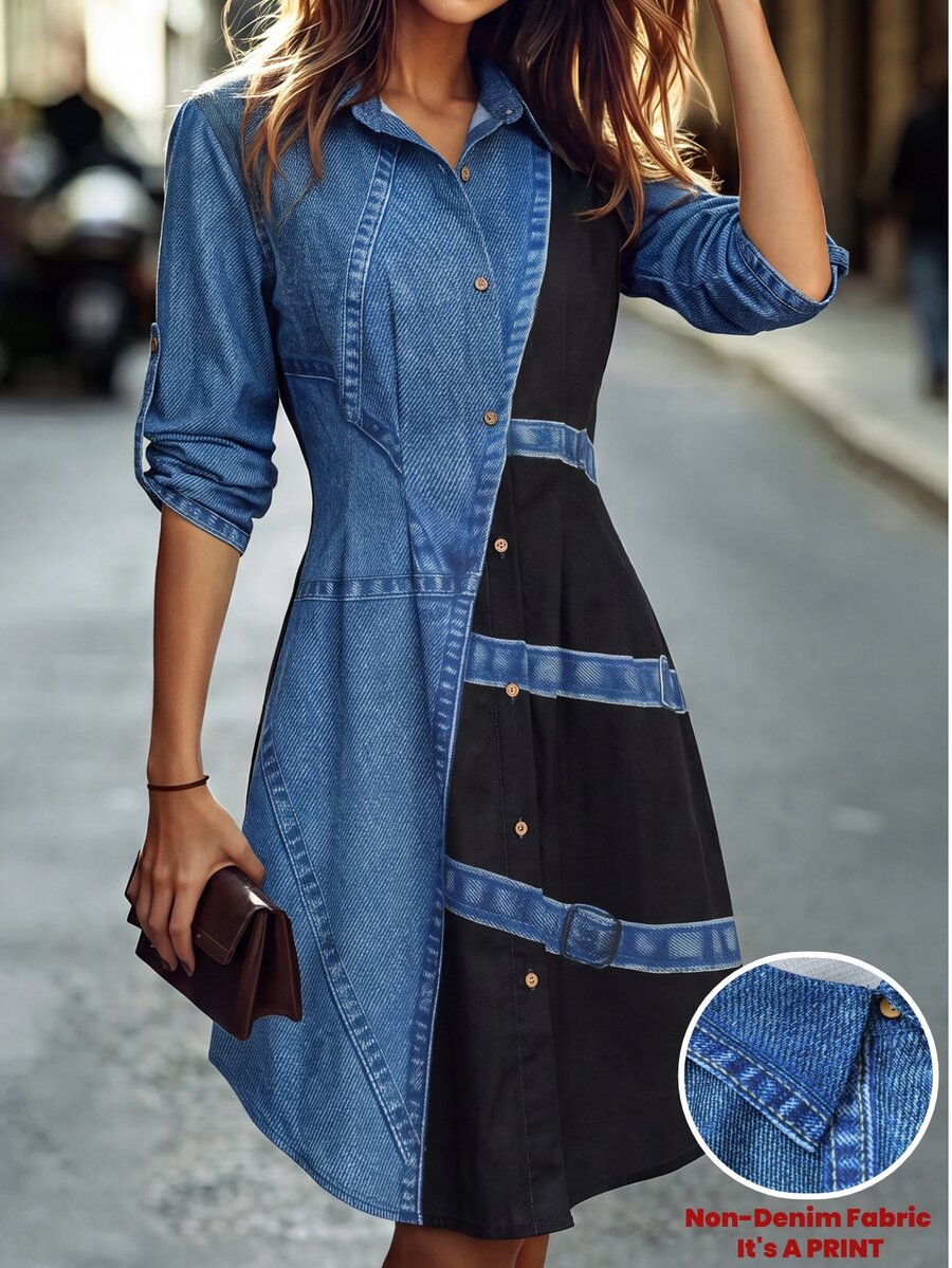Editum Women's Fashion Contrast Color Faux Denim Print Button Dress - Multicolor - View 1