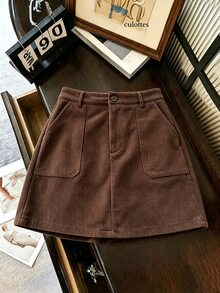 SHEIN Frenchy Fantasy-Elegant Button Pocket Zipper Straight Skirt - Coffee Brown - View 3