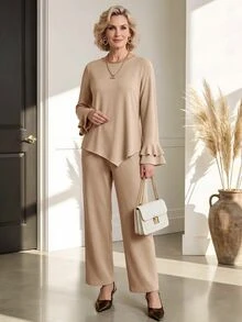 Miaspire Women's Round Neck Ruffle Cuff Top And Long Pants Set - Khaki - View 1