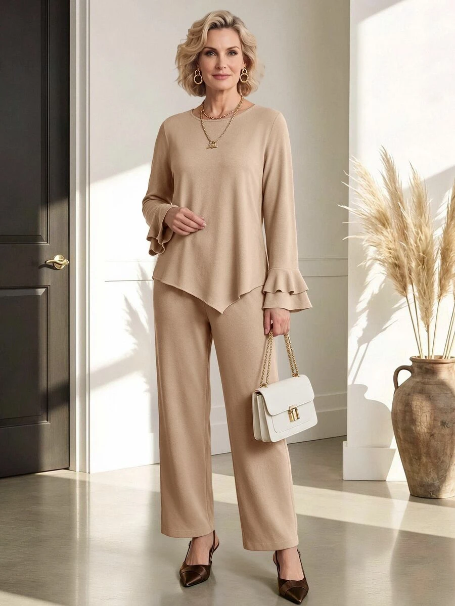 Miaspire Women's Round Neck Ruffle Cuff Top And Long Pants Set - Khaki - View 1