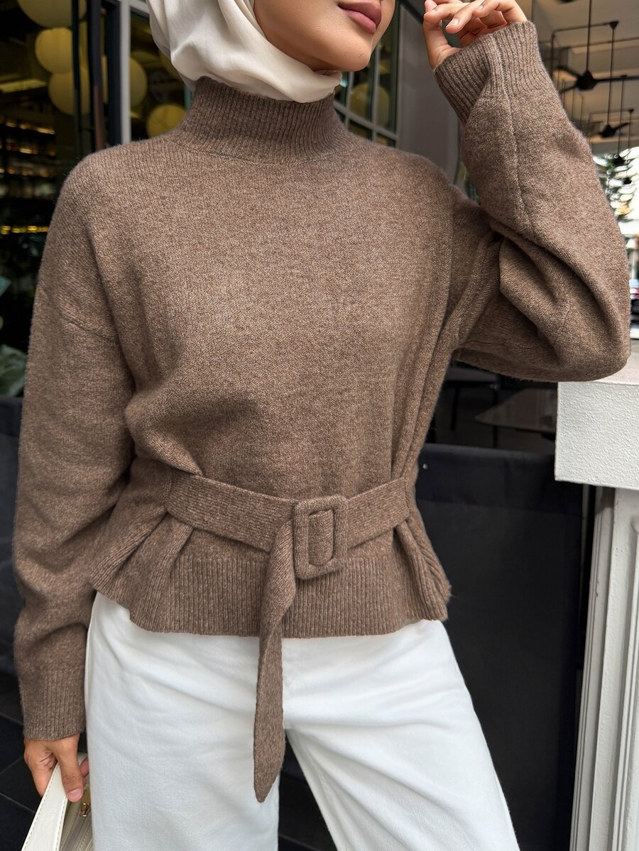 DAZY Sweater Wanita Warna Polos dengan Sabuk, Gaya Jalanan Urban Renaissance, Fesyen Kasual, Streetwear Kreatif dan Personal. - Khaki - View 1