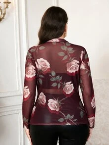 SHEIN Clasi 大尺碼女款花卉網紗長袖修身透視上衣 - 酒紅色 - 查看 8