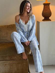 DAZY 3pcs/Set Women's Lace Patchwork Plaid Long Cardigan Robe & Straight Leg Long Pajama Pants Sleepwear Set - Blue - View 4