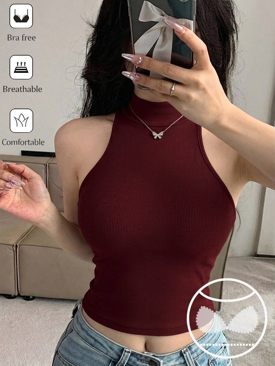 DAZY 女款素色無袖小立領修身背心內搭衫 - 酒紅色 - 查看 1