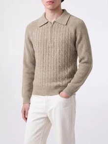 Manfinity Homme Men's Cable Knit Raglan Sleeve Zip-Up Casual Sweater - Khaki - View 4