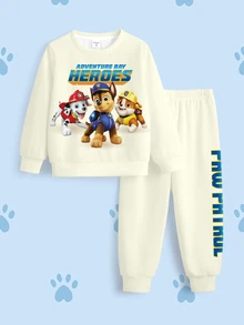 SHEIN | PAW Patrol 小男孩字母卡通印花長袖運動衫與長褲套裝 - 白色 - 查看 7