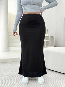 Solflare Rok Panjang Kasual Wanita Ukuran Besar Warna Polos dengan Pinggang Elastis - Hitam - View 6