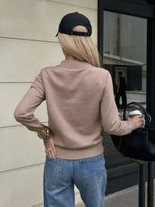Livesso Fall/ Dark Brown Round Neck Long Sleeve Cable Knit Slim Fit Ribbed Knit Casual Vintage Preppy Women's Sweater Everyday School Work - Apricot - View 2