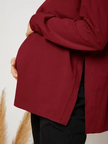 SHEIN 孕婦純色圓領落肩長袖側開衩下擺休閒T恤 - 酒紅色 - 查看 3