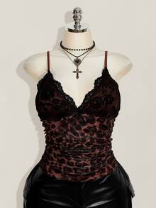 SHEIN ICON 女款大尺碼蕾絲拼接豹紋細肩帶背心上衣 - 摩卡棕 - 查看 4