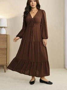Edennvi 大尺碼女款休閒V領燈籠袖抽繩傘擺洋裝，適合秋季 - 棕色 - 查看 1