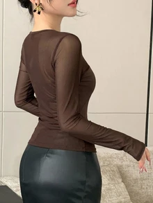 DAZY 女款棕色透視蕾絲與網紗拼接上衣，金屬扣拼接設計，性感婚禮宴會派對襯衫，適合夏季與秋季 - 棕色 - 查看 4